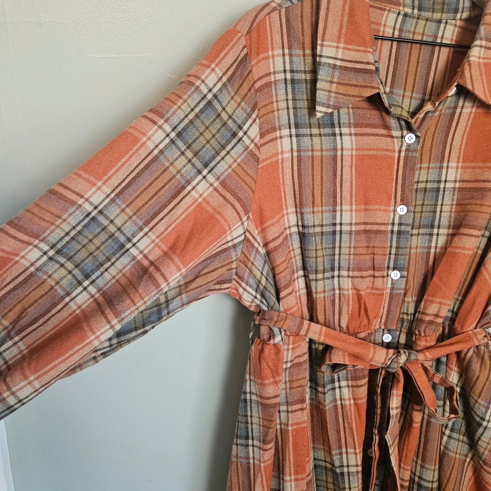 Plaid Flannel Button Front Midi Shirt Dress Sz 4XL Plus Orange Brown Belted - Picture 2 of 8